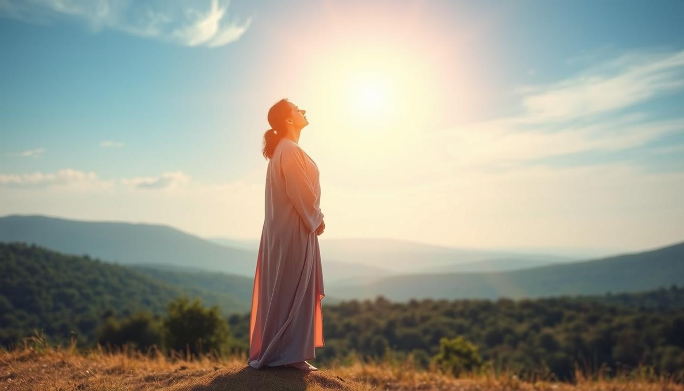 Reiki for emotional healing: managing stress, trauma, and anxiety 2 Prompt a wise and serene reiki master teacher standing tall, radiating a peaceful and healing presence. The figure is depicted in meditative pose, dressed in flowing robes of calming hues. Soft, warm lighting illuminates the foreground, casting a tranquil glow. In the background, a serene landscape of lush greenery and a clear, azure sky creates a serene, ethereal ambiance. The scene conveys the tranquility, wisdom, and spiritual guidance associated with the reiki attunement process and the three levels of reiki training.
