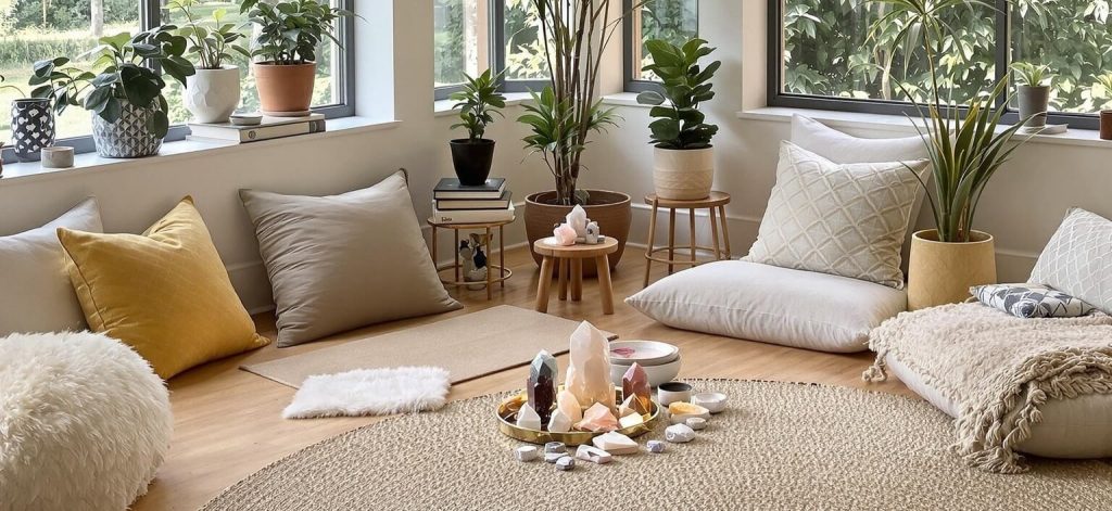 How to use crystals with reiki for chakra healing 1 A cozy, sunlit room with large windows, houseplants, and floor cushions. Reiki crystals and candles are arranged in a circle on a woven rug, creating a calming, meditation-friendly space. Reiki energy healing by jennybee alchemy