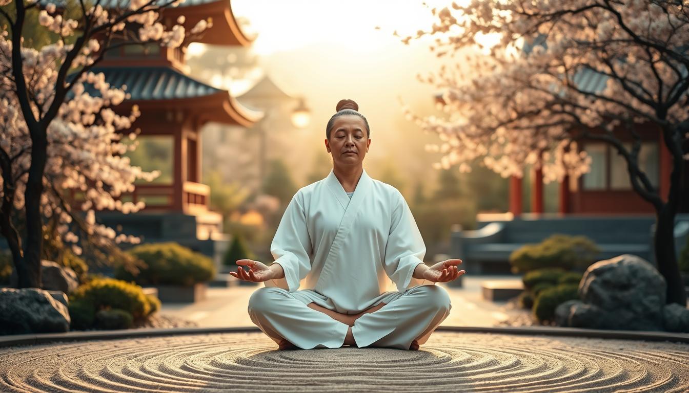 Serene reiki practitioner sitting cross-legged, palms facing upwards, in a tranquil Japanese garden with a pagoda, cherry blossom trees, and a raked sand zen garden in the background. Soft, warm lighting bathes the scene, creating a calming, restorative atmosphere. The practitioner's expression is one of deep focus and inner peace, exemplifying the stress-relieving benefits of reiki. Realistic, high-quality, cinematic composition.