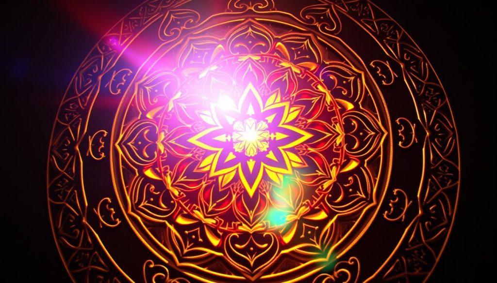 The 5 reiki principles: a daily guide for spiritual growth 3 Vibrant mandala of interlocking symbols representing the core reiki principles - harmony, gratitude, compassion, honesty, and self-improvement. Warm, glowing light emanates from the center, casting a soft radiance across the scene. Detailed, intricate linework and textures create a sense of depth and movement. Serene, meditative atmosphere with a balanced, harmonious composition. Captured through a wide-angle lens to emphasize the expansive, spiritual nature of the subject matter.