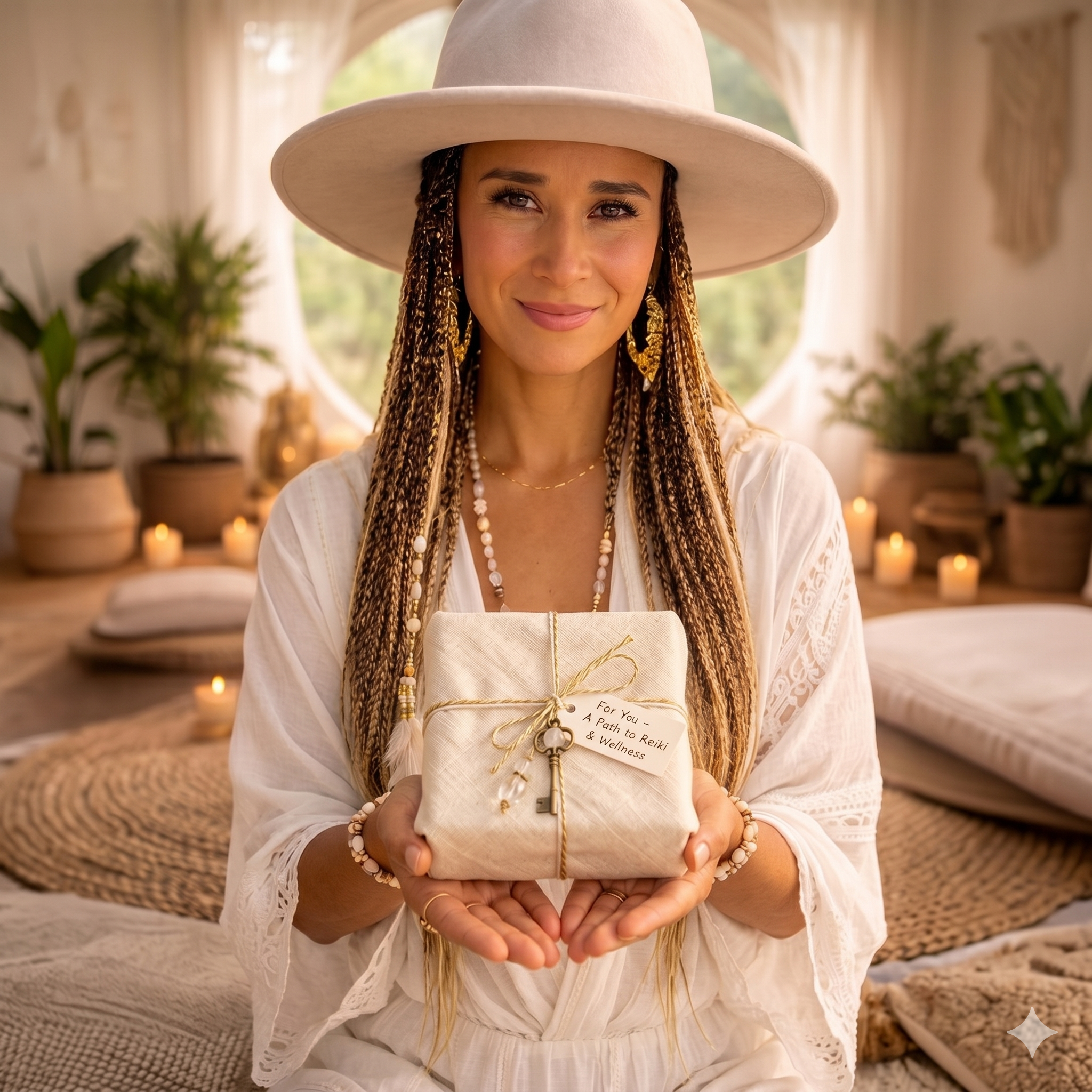 A woman with long braids and a wide-brim hat, dressed in white, sits in a cozy, candle-lit room holding a wrapped gift with a tag that reads, For You, A Token Full of Kindness. Plants and soft light fill the background. Reiki energy healing by Jennybee Alchemy